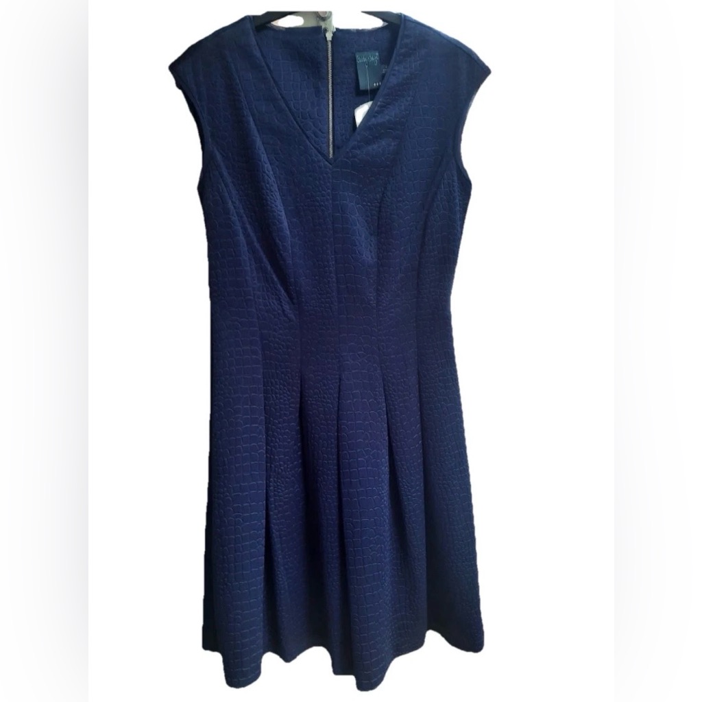 Taylor New Size 14 Fit And Flare Navy Blue Textured Pleated Skirt Mini Dress